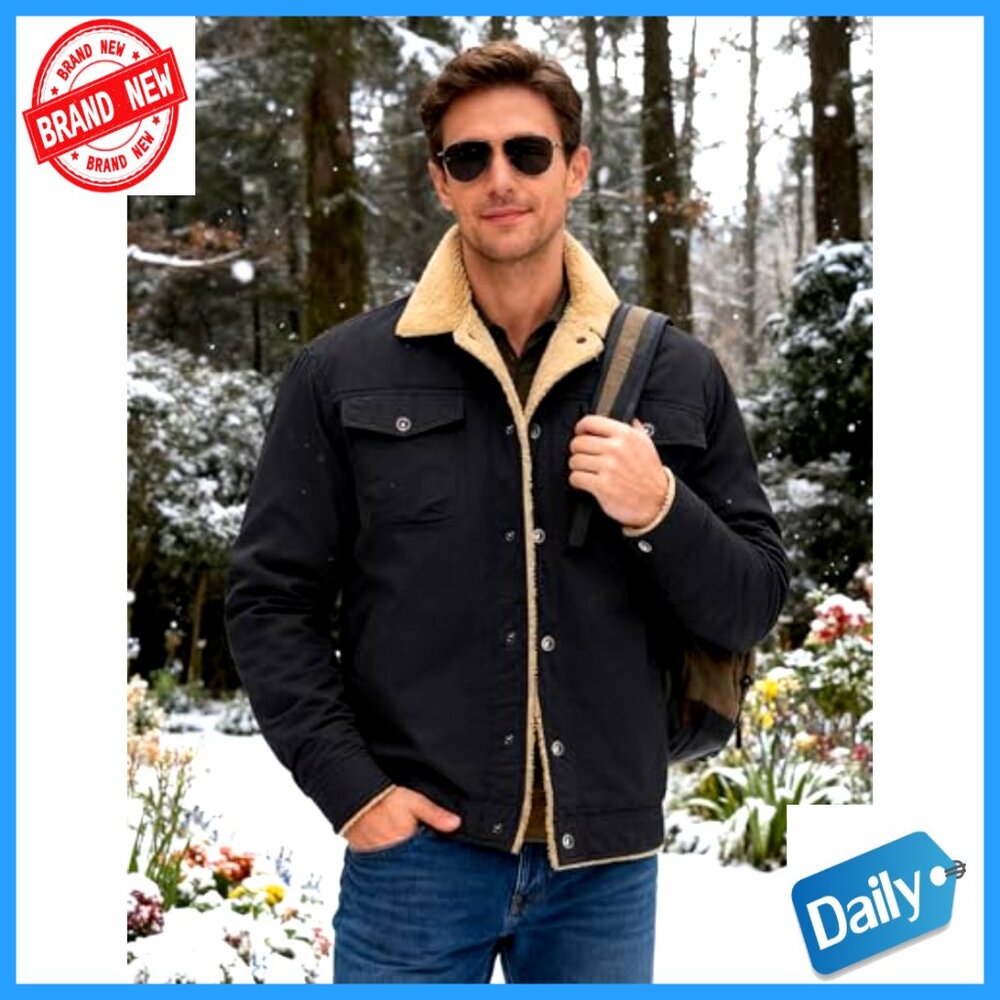 Cotton Cargo Jacket Sherpa Fleece Lined Work Coat with 5 Pockets Classic - Picture 2 of 7